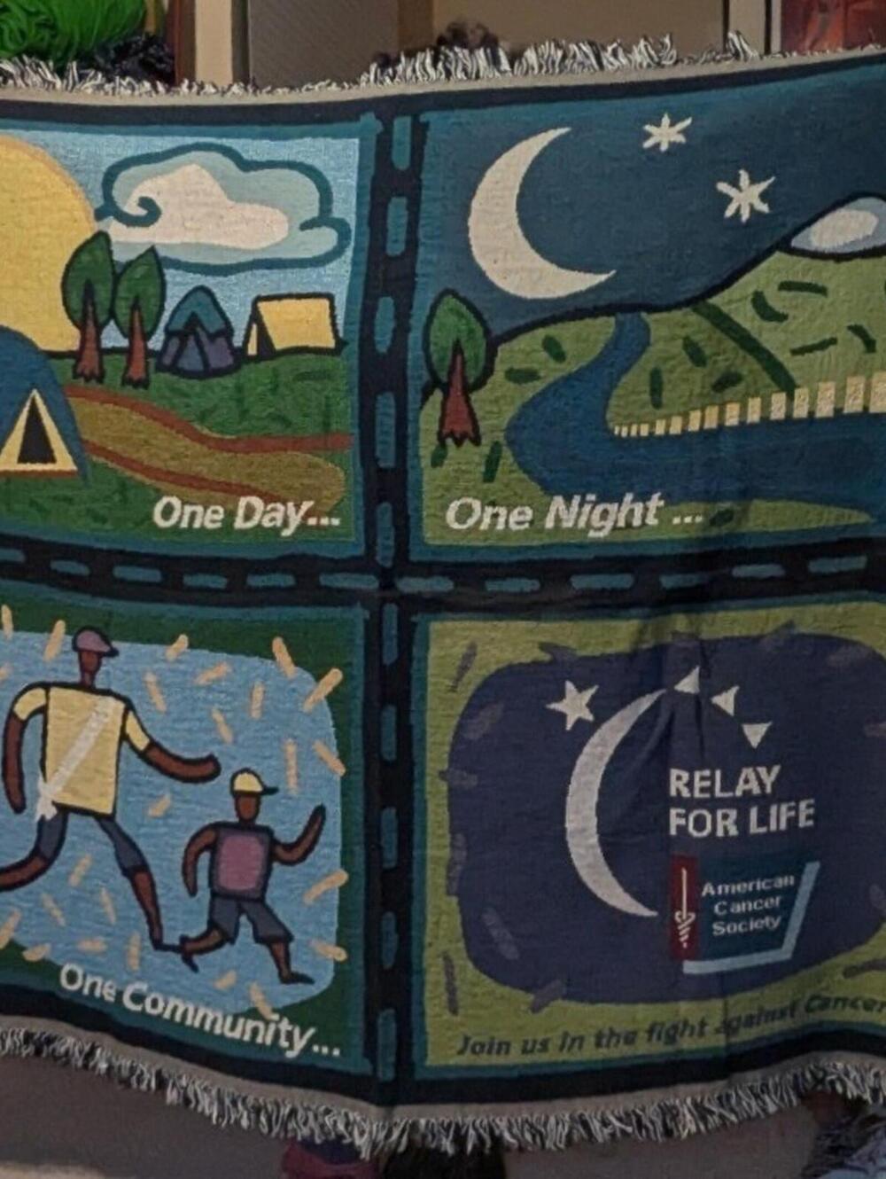Relay For Life American Cancer Society Woven Tapestry Throw Blanket 58x50 Fringe